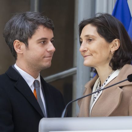 Gabriel Attal and Amélie Oudéa-Castéra during the transfer of power to the Ministry of National Education, in Paris on January 12, 2024 (VINCENT ISORE / MAXPPP)