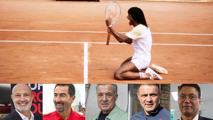 Yannick Noah à Roland-Garros le 5 juin 1983. En bas : Frank Lebœuf, Luc Alphand, Jean Alesi, Raphaël Ibañez et Bruno Marie-Rose. (AFP - MARTIN SYLVEST / RITZAU SCANPIX / AFP - JULIEN DELFOSSE / DPPI VIA AFP - SERGE TENANI / HANS LUCAS VIA AFP - LAURENT THEILLET / SUD OUEST / PHOTOPQR / MAXPPP - PIERRE-PHILIPPE MARCOU / AFP)