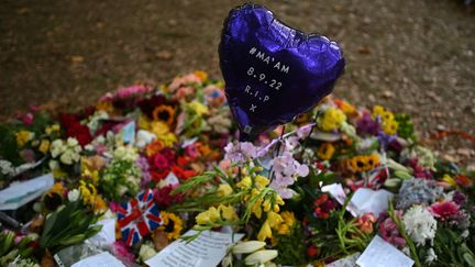 Des fleurs et des dessins déposés au Green Park de Londres, le 15 septembre 2022. (OLI SCARFF / AFP)