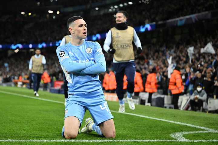 Phil Foden, buteur face au Real Madrid avec Manchester City, le mardi 26 avril en Ligue des champions.&nbsp; (OLI SCARFF / AFP)