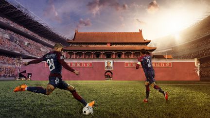 Illustration représentant le football français face au marché chinois. (AKSONOV / GEOFFROY VAN DER HASSELT / BAPTISTE BOYER / FRANCEINFO)