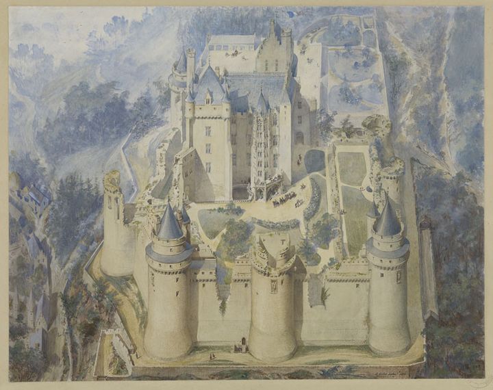 Vue cavalière du château de Pierrefonds en cours de restauration - Eugène Viollet-le-Duc ; 1858 - Dessin ; aquarelle
	Charenton-le-Pont, Médiathèque de l’architecture et du patrimoine, 1996/083 – 337
 (© Ministère de la Culture - Médiathèque du Patrimoine, Dist. RMN-Grand Palais /Image Médiathèque du Patrimoine)