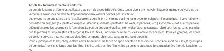 Capture écran du règlement intérieur du lycée Bel Air en Guadeloupe, le 13 juillet 2019. (LYCEE BEL AIR)