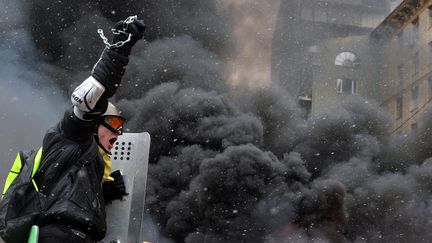 Lourdement &eacute;quip&eacute;, un jeune manifestant prot&eacute;g&eacute; par le bouclier anti-&eacute;meutes d'un policier passe &agrave; l'offensive. (SERGEI SUPINSKY / AFP)