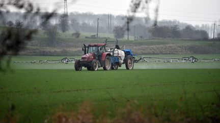 Un agriculteur pulvérise des pesticides sur un pâturage à&nbsp;Aulnoy-lez-Valenciennes (Nord), le 23 janvier 2020. (MAXPPP)