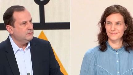 Emmanuel Cugny et Elise Huillery lors de l'émission Les débats de l'éco, sur franceinfo le 29 janvier 2022 (FRANCEINFO / RADIO FRANCE)