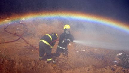 Des pompiers tentent d'&eacute;teindre un feu dans la banlieue de Vina del Mar (Chili), le 27 f&eacute;vrier 2012. (ARIEL MARINKOVIC / EPA / MAXPPP)