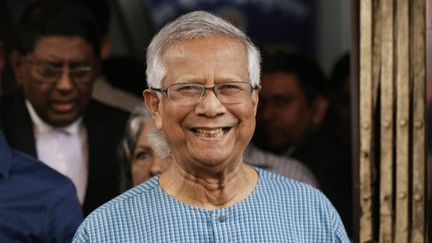 Muhammad Yunus outside the Labour Appeal Tribunal in Dhaka, Bangladesh, on March 3, 2024. (REHMAN ASAD / AFP)