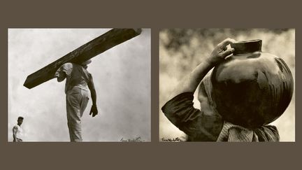 Tina Modotti : à gauche, "Homme portant une poutre", 1928, à droite, "Paysanne zapotèque portant une cruche sur son épaule", 1926. (COLLECTION ET ARCHIVES DE LA FUNDACION TELEVISIVA, MEXICO)