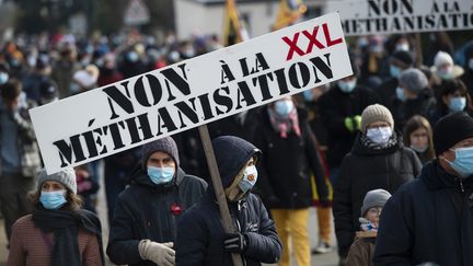 500 personnes réunies pour une manifestation contre le méthaniseur à Corcoué-sur-Logne (Loire-Altantique), le 13 février 2021. (OLIVIER LANRIVAIN / MAXPPP)