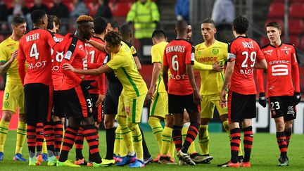 Petite échauffourée lors du match de Ligue 1 entre Rennes et Nantes (PHILIPPE CH?REL / MAXPPP)