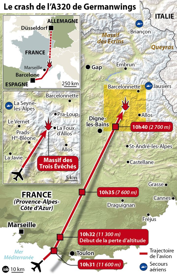 &nbsp; (Carte des lieux du crash avec les horaires de passage de l'avion et son altitude © IDÉ)