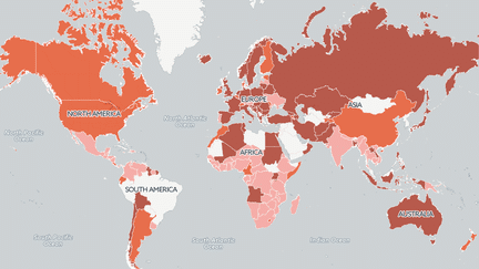 Carte de l'&eacute;volution du nombre de nouveaux cas de personnes atteintes du virus du Sida dans le monde entre 2000 et 2014. (NICOLAS ENAULT / FRANCETVINFO)