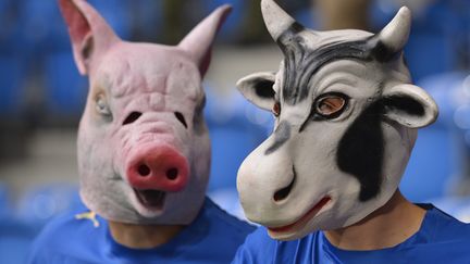 Deux supporters italiens portant des masques d'animaux, le 18 juin 2012 &agrave; Poznan (Pologne). (FABRICE COFFRINI / AFP)