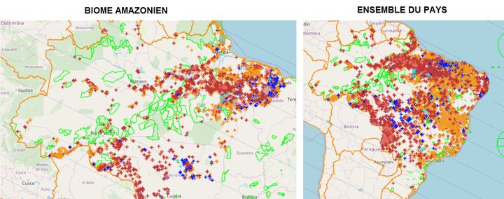 Feux dans le biome amazonien et au Brésil enregistrés dans la journée du 29 octobre 2019 par l'INPE. (INPE)