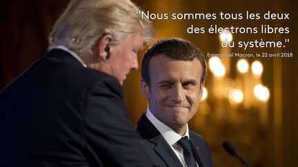 Emmanuel Macron adresse un clin d'œil à Donald Trump, le 13 juillet 2017 lors d'une conférence de presse commune organisée à l'Elysée. (CAROLYN KASTER / AP / SIPA)