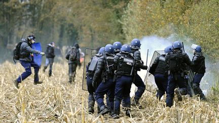 Les forces de l'ordre et les manifestants anti-a&eacute;roport s'affrontent &agrave; Notre-Dame-des-Landes (Loire-Atlantique), le 24 novembre 2012.&nbsp; (JEAN-SEBASTIEN EVRARD / AFP)