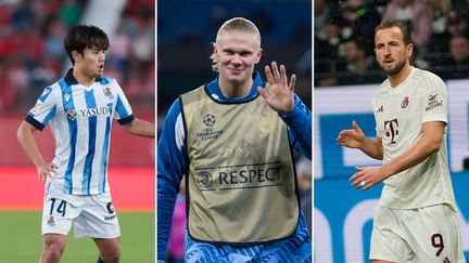 La Real Sociedad de Take Kubo, le Manchester City d'Erling Haaland et le Bayern Munich de Harry Kane font partie des sept adversaires potentiels du PSG en huitièmes de finale de Ligue des champions 2023-2024. (AFP)