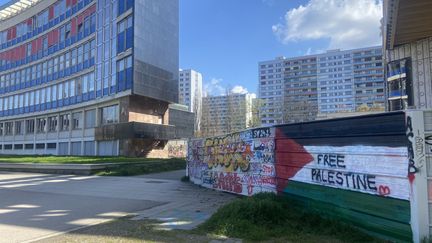 Un drapeau palestinien et l'inscription "Free Palestine" ("Palestine libre") recouvrent une partie d'une palissade sur le campus de l'université de Strasbourg, le 21 mars 2024. (LUCIE BEAUGE / FRANCEINFO)