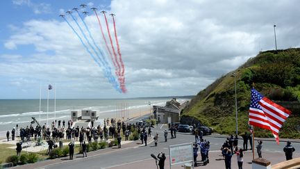 La&nbsp;cérémonie internationale pour le 76e anniversaire du Débarquement et de la bataille de Normandie&nbsp;le 6 juin 2020, à Vierville-sur-Mer (Calvados). (MARC OLLIVIER / MAXPPP)