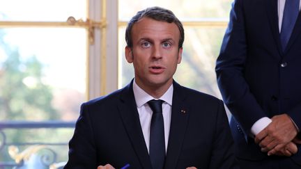 Emmanuel Macron signe&nbsp;la promulgation des lois de moralisation de la vie politique, à l'Elysée, le 15 septembre 2017. (LUDOVIC MARIN / AFP)