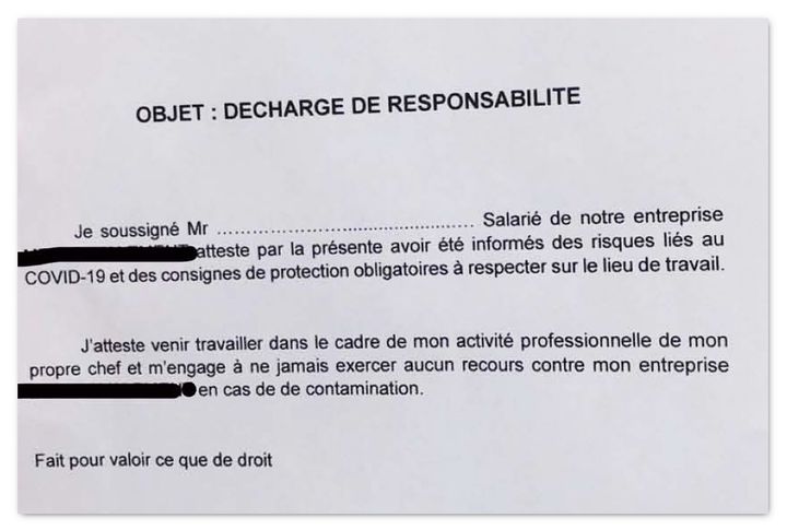 "Décharge de responsabilité" d'une PME francilienne qui engage le salarié à ne pas poursuivre l'entreprise en cas de contamination. (CELLULE INVESTIGATION DE RADIOFRANCE)