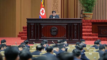 North Korean leader Kim Jong-un speaks before the Supreme People's Assembly on January 15, 2024, in Pyongyang, North Korea.  (KCNA VIA KNS / AFP)