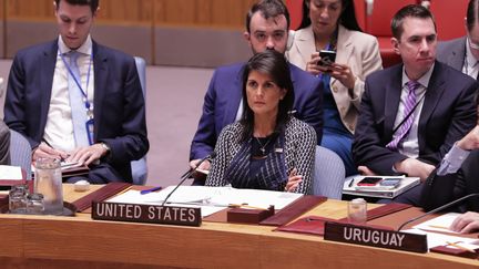 L'ambassadrice américaine à l'ONU, Nikki Haley, lors d'une réunion du Conseil de sécurité, le 28 septembre 2017 à New York. (LUIZ RAMPELOTTO / EUROPANEWSWIRE / AFP)