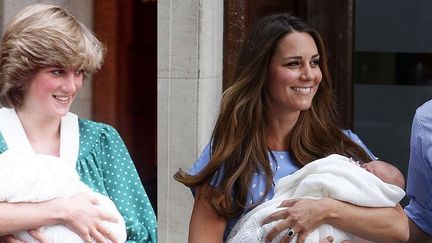 Lady Di et Kate Middleton &agrave; la sortie de l'h&ocirc;pital St Mary's &agrave; Londres (Royaume-Uni), en 1982 et 2013. (REX FEATURES / SIPA)