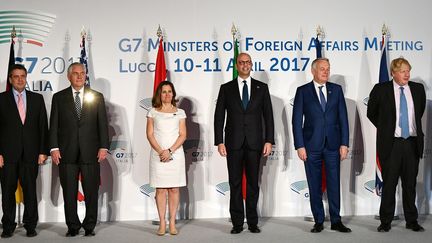 Les ministres des Affaires étrangères du G7 réunis en Italie, le 11 avril. De gauche à droite : Federica Mogherini (UE), Sigmar Gabriel (Allemagne), Rex Tillerson (USA), Chrystia Freeland (Canada), Angelino Alfano (Italie), Jean-Marc Ayrault (France), Boris Johnson (Angleterre) and Fumio Kishida (Japon). (VINCENZO PINTO / AFP)