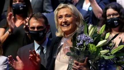 Marine Le Pen lors du congrès du Rassemblement national le 4 juillet 2021.&nbsp; (VALENTINE CHAPUIS / AFP)