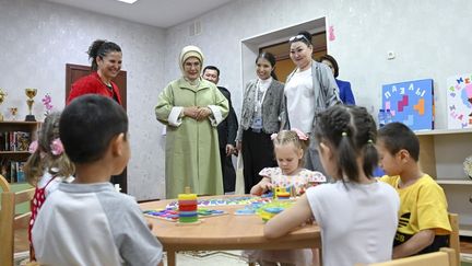 Turkish First Lady Emine Erdogan visits the Children in Difficulty Support Center in Astana Governorate, Kazakhstan, on July 4, 2024. (UTKU UCRAK / ANADOLU / AFP)