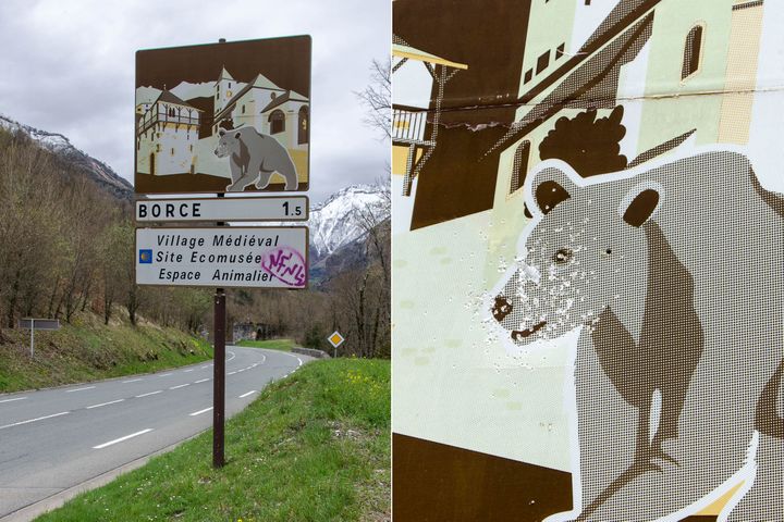 Le panneau d'intérêt touristique et culturel du village de Borce (Pyrénées-Atlantiques), le 12 avril 2018. (THOMAS BAIETTO / FRANCEINFO)