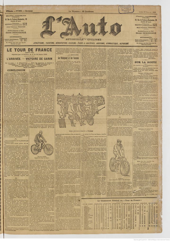 La Une du journal L'Auto au lendemain de la victoire de Maurice Garin sur le premier Tour de France, le 20 juillet 2022. (L'AUTO / GALLICA)