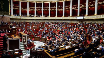 L'Assemblée nationale, lors de l'examen de la réforme des retraites, le 17 février 2023. (LUDOVIC MARIN / AFP)