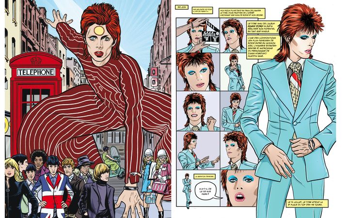 Deux planches de "Bowie", le roman graphique de Michael Allred sur la vie de David Bowie. (EDITIONS HUGINN & MUNINN)