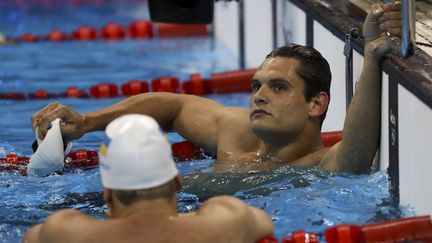 Le Français Florent Manaudou après le&nbsp;50 m nage libre, où il termine deuxième, à Rio (Brésil), le 13 août 2016. (STEFAN WERMUTH / REUTERS)