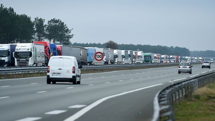 Des camions bloquent l'autoroute A63 entre Castets et Lesperon, le 7 décembre 2019, dans le sud-ouest de la France. (GAIZKA IROZ / AFP)