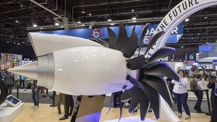 21 juin 2023. Salon du Bourget. Le stand des moteurs d'avion du groupe industriel et technologique français Safran, entreprise classée première du palmarès de l'étude du cabinet d'intelligence économique Vélite, pour la deuxième fois.(moteur open fan Safran) (DIDIER SAULNIER / MAXPPP)