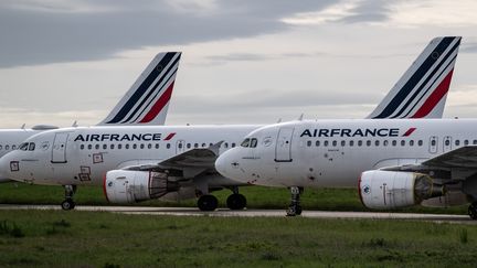 Des avions de la compagnie Air France sur le tarmac de l'aéroport Roissy-Charles de Gaulle (Val-d'Oise), le 30 avril 2020. (BERTRAND GUAY / AFP)