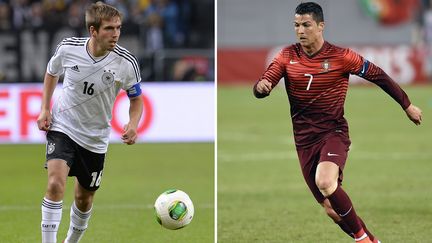 A gauche, le d&eacute;fenseur et capitaine allemand, Philipp Lahm. A droite, l'attaquant portugais, Cristiano Ronaldo. (STAN HONDA JONATHAN NACKSTRAND / AFP)