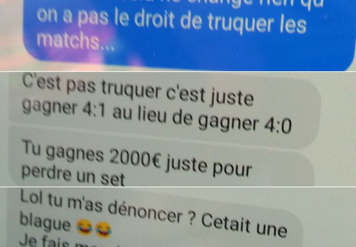 Capture d'écran d'un extrait de l'échange Facebook entre&nbsp;une joueuse de tennis de table et un corrupteur. (CECILIA ARBONA / RADIO FRANCE)