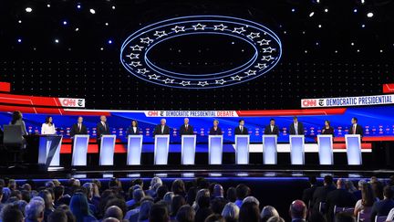 Douze candidats à l'investiture démocrate en vue de l'élection présidentielle américaine participent à un débat à Westerville (Ohio), le 15 octobre 2019. (SAUL LOEB / AFP)