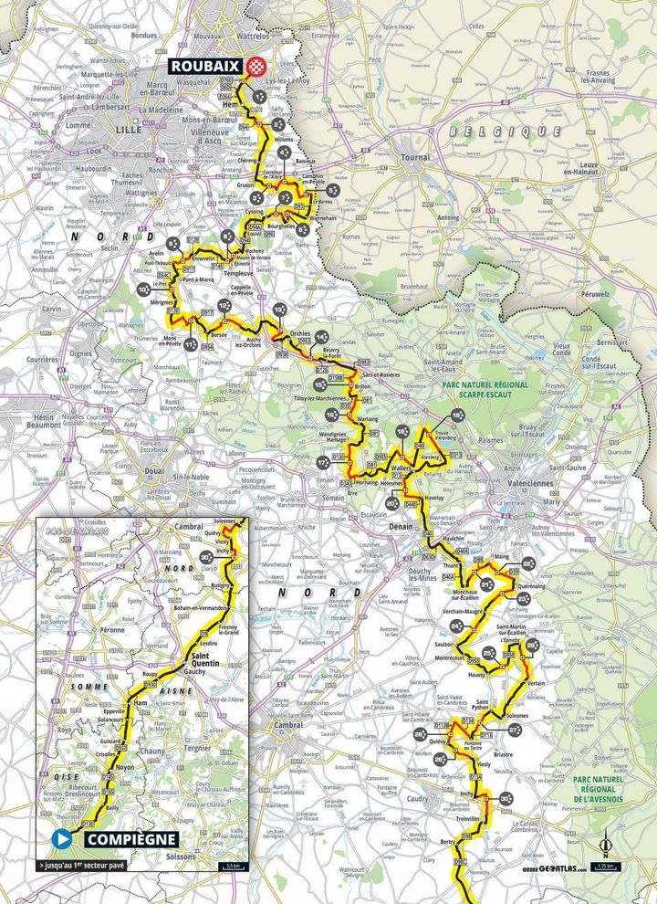 Le tracé de Paris-Roubaix en 2022. (Paris-Roubaix / ASO)