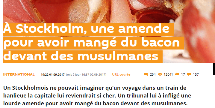 Le site Sputniknews raconte qu'un homme qui mangeait du bacon devant des musulmans a été condamné par la Justice suédoise (Capture d'écran Sputniknews)