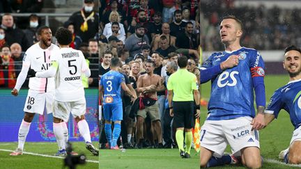 Le Paris Saint-Germain et le RC Strasbourg ont marqué une première partie de saison gâchée par des incidents dans les stades de Ligue 1. (JEAN CATUFFE / DPPI via AFP, Frederick FLORIN / AFP, JEAN CATUFFE / DPPI VIA AFP)