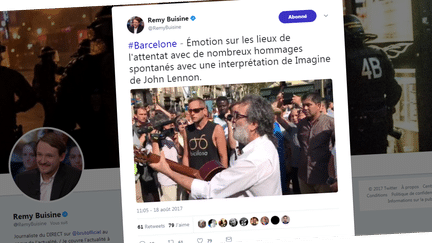 Un homme interpète "Imagine" de John Lennon au lendemain de l'attaque terroriste sur La Rambla de Barcelone, vendredi 18 août 2017. (REMY BUISINE / BRUT / TWITTER)