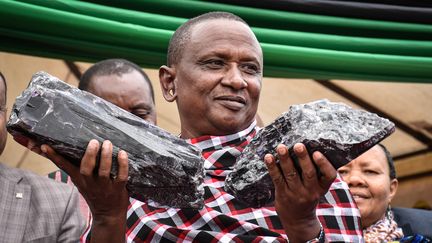 Le Tanzanien&nbsp;Saniniu Kuryan Laizer et ses deux tanzanite, à Manyara le 24 juin 2020 (FILBERT RWEYEMAMU / AFP)