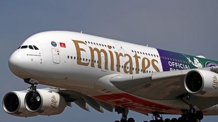 An Emirates A380 plane about to land at Barcelona airport (Spain), August 30, 2024. (URBANANDSPORT / NURPHOTO / AFP)