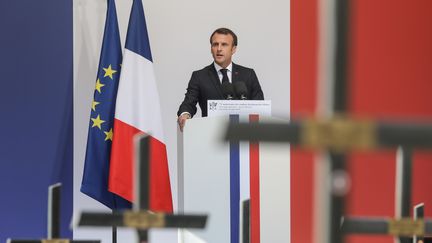 Emmanuel Macron lors de son discours sur le plateau des Glières, en Haute-Savoie, le 31 mars 2019. (LUDOVIC MARIN / AFP)